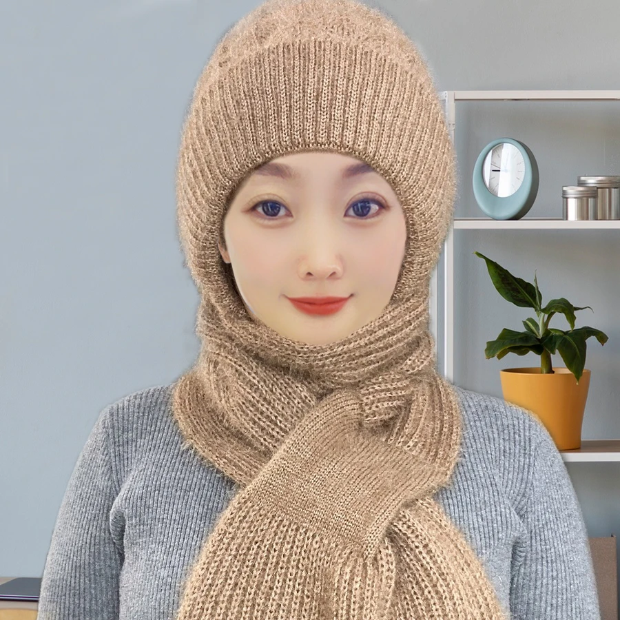 帽子秋冬季保暖女毛线帽加绒加厚围巾一体编织风雪帽子针织防帽子