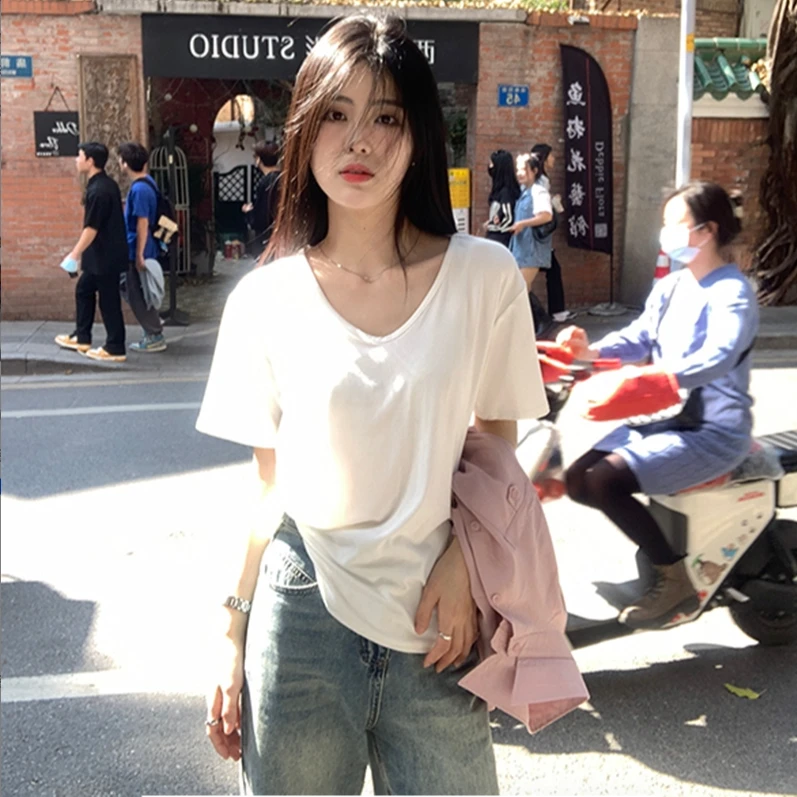 白色v领短袖t恤女2024年春夏韩版叠穿宽松百搭显瘦纯色上衣慵懒风