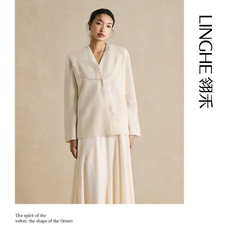 翎禾LINGHE-「山海逍遥」疆绣重工钉珠长袖V领羊绒秋冬日常针织开衫