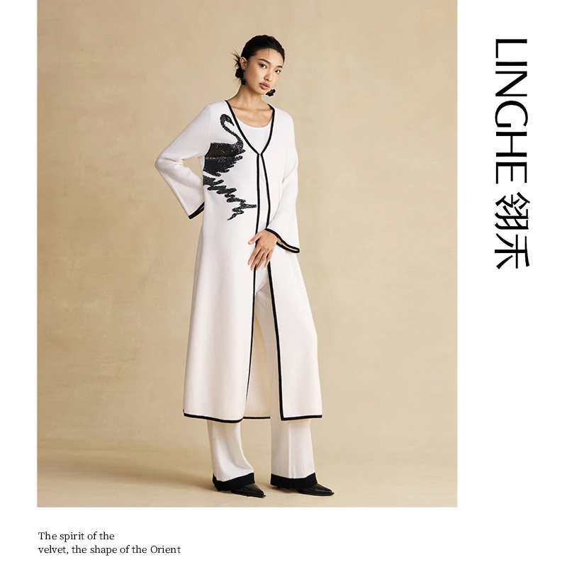 翎禾LINGHE「天鹅湖」-重工天鹅刺绣V领纯羊绒优雅气质长袖女士轻奢