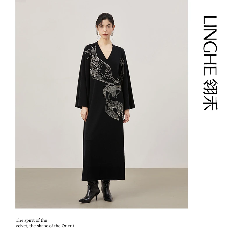 翎禾LINGHE-「鲲鹏」疆绣重工钉珠连衣长裙
