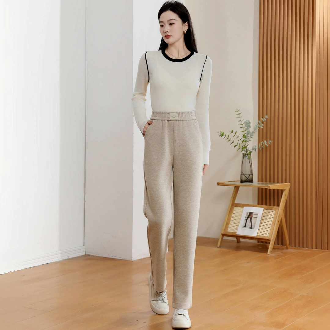 高贵羊绒休闲气质直筒高腰加厚百搭显瘦女裤全松紧腰弹力冬季保暖
