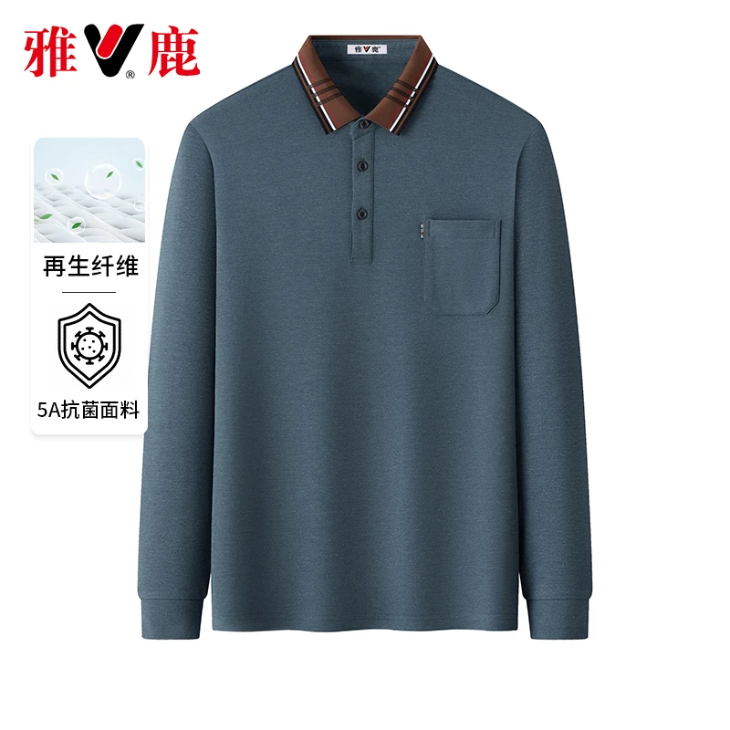 【5A抗菌】雅鹿男士长袖t恤春秋款胸标polo衫中年爸爸装上衣打底衫