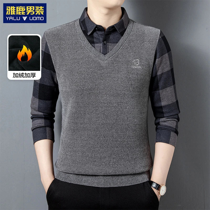 【一体绒】雅鹿雪貂绒高档保暖毛衣男加绒加厚假两件爸爸冬装针织衫