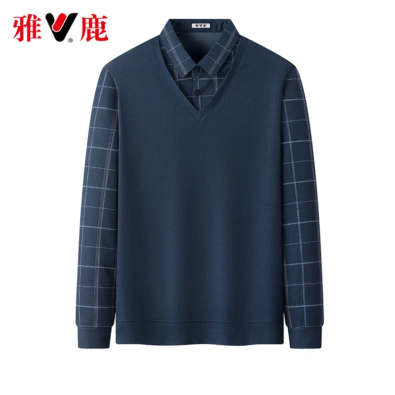 【假两件】雅鹿男装新款长袖t恤秋季休闲衬衫领打底衫爸爸装上衣