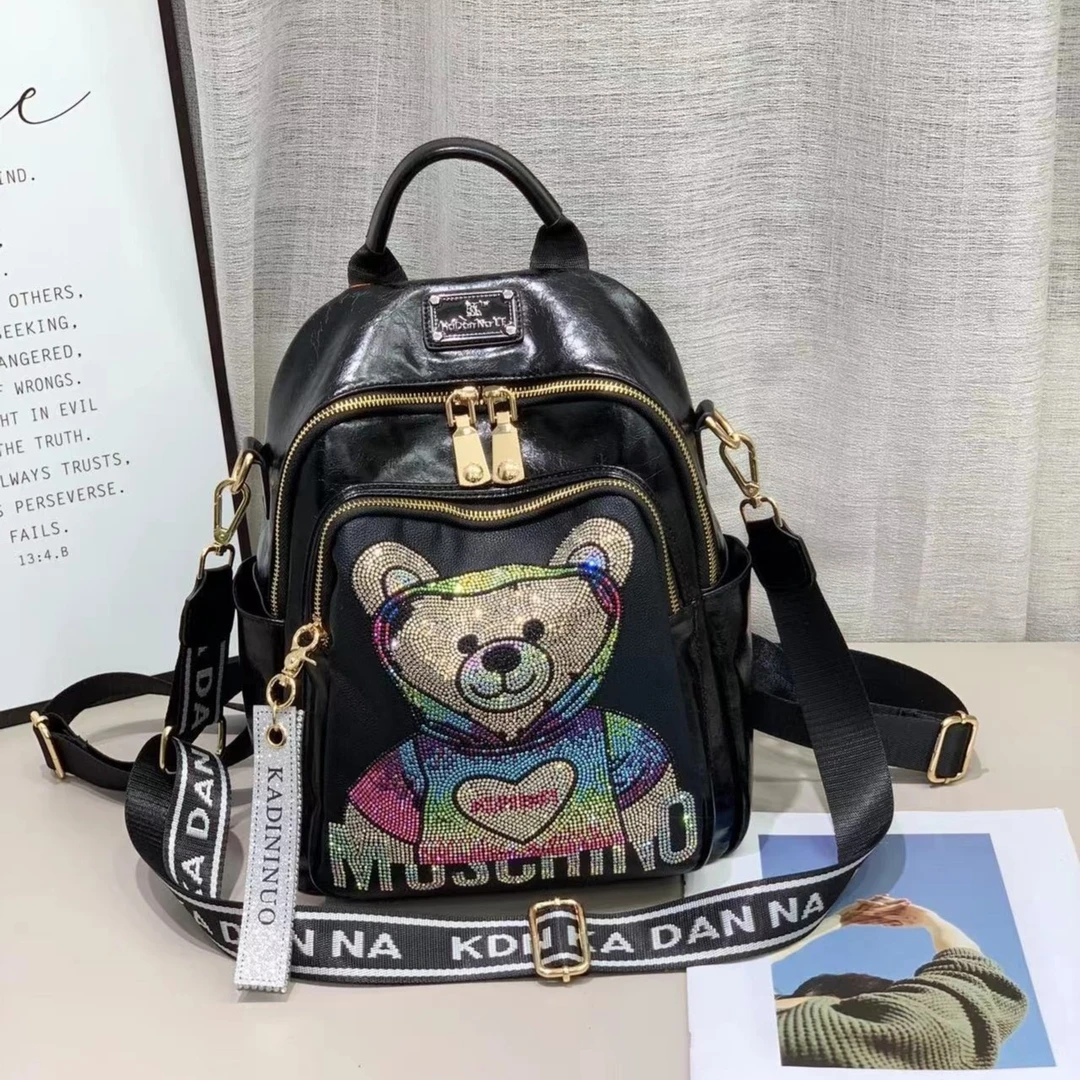 新款时尚镶钻轻奢牛皮双肩背包女士多功能单肩斜挎潮流百搭大容量