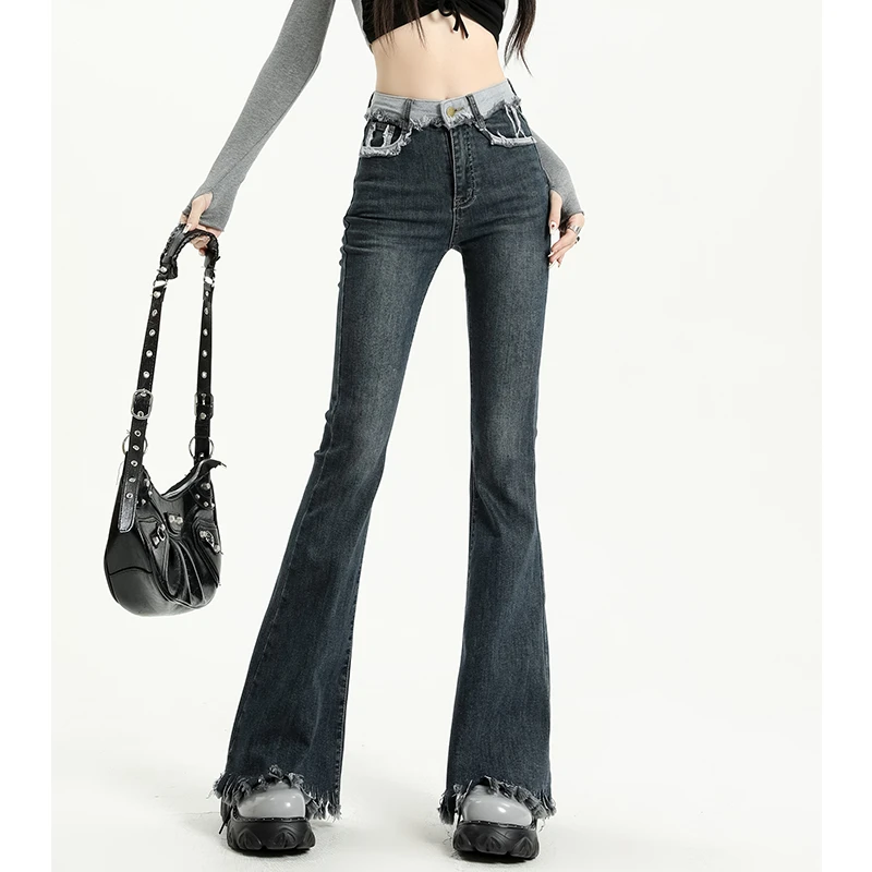 新款喇叭裤女洋气毛边牛仔裤2023年春季高腰修身微喇叭裤加长裤子