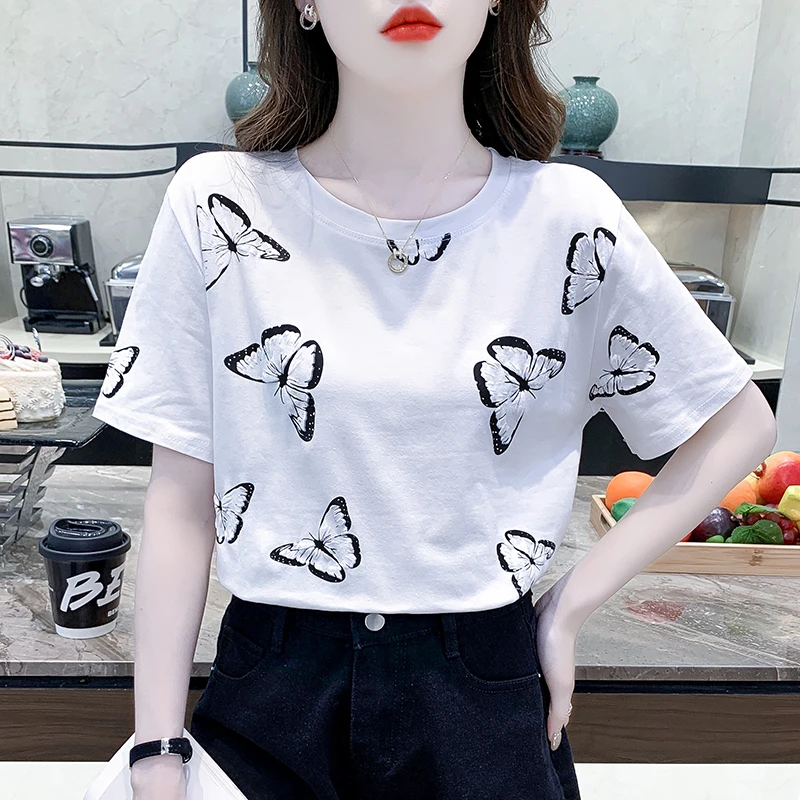 纯棉短袖t恤女白色半袖夏装2023年新款韩版宽松女士夏季上衣欧货