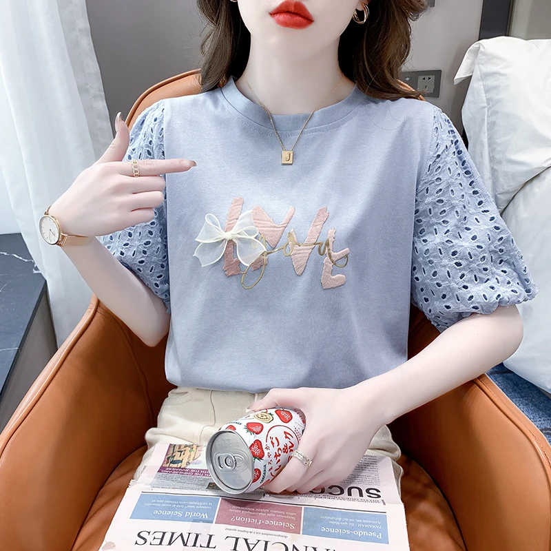 2023夏季新款时尚设计感镂空泡泡袖圆领T恤甜美洋气显瘦高档百搭