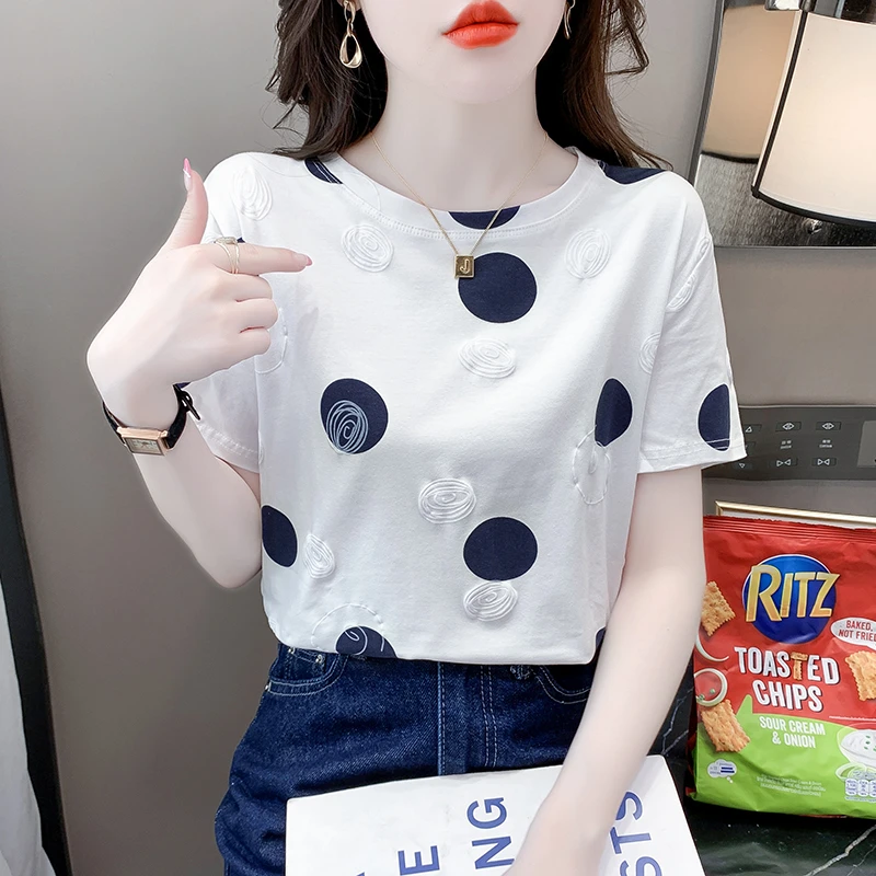 夏季波点印花短袖T恤女2025夏装新款韩版百搭圆领宽松爆款上衣潮