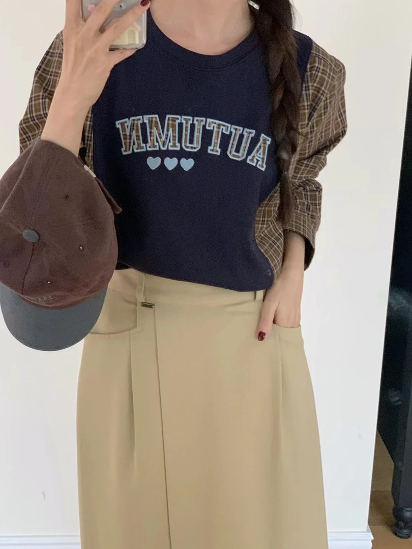 No退换~韩国东大门our家2024秋季新款圆领刺绣字母拼接长袖卫衣