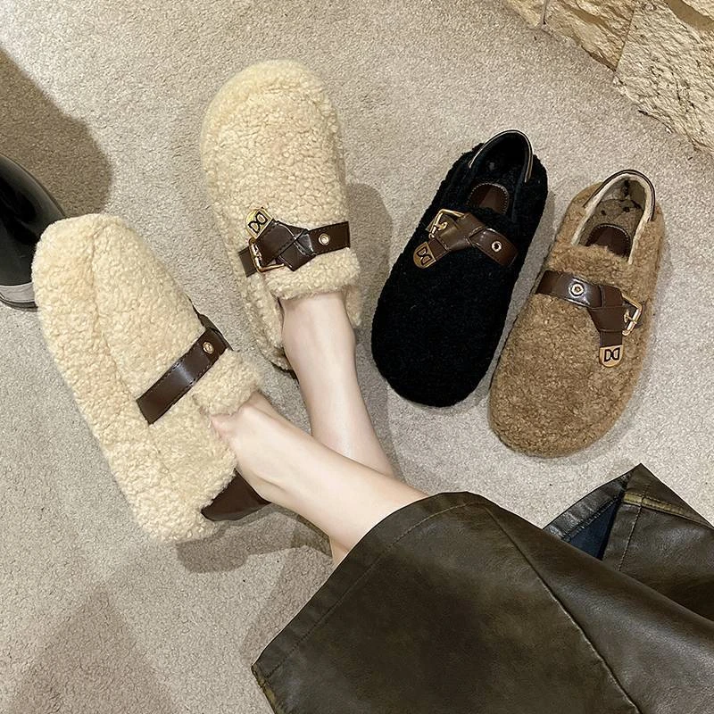 2024年新款秋冬毛毛鞋女外穿百搭厚底一脚蹬豆豆鞋羊羔毛加绒棉鞋