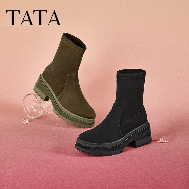 Tata他她时尚百搭休闲高跟弹力袜靴女瘦瘦靴短靴秋冬WAWA1DZ3
