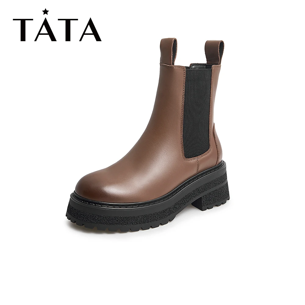 Tata他她百搭厚底切尔西靴女秋冬英伦风短筒骑士靴烟筒靴WHH01DD2