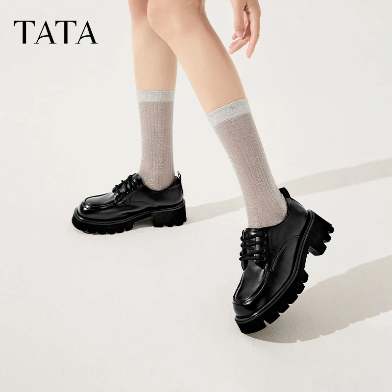 Tata他她厚底小皮鞋女增高黑色乐福鞋女德比鞋单鞋2025春WG902AM4