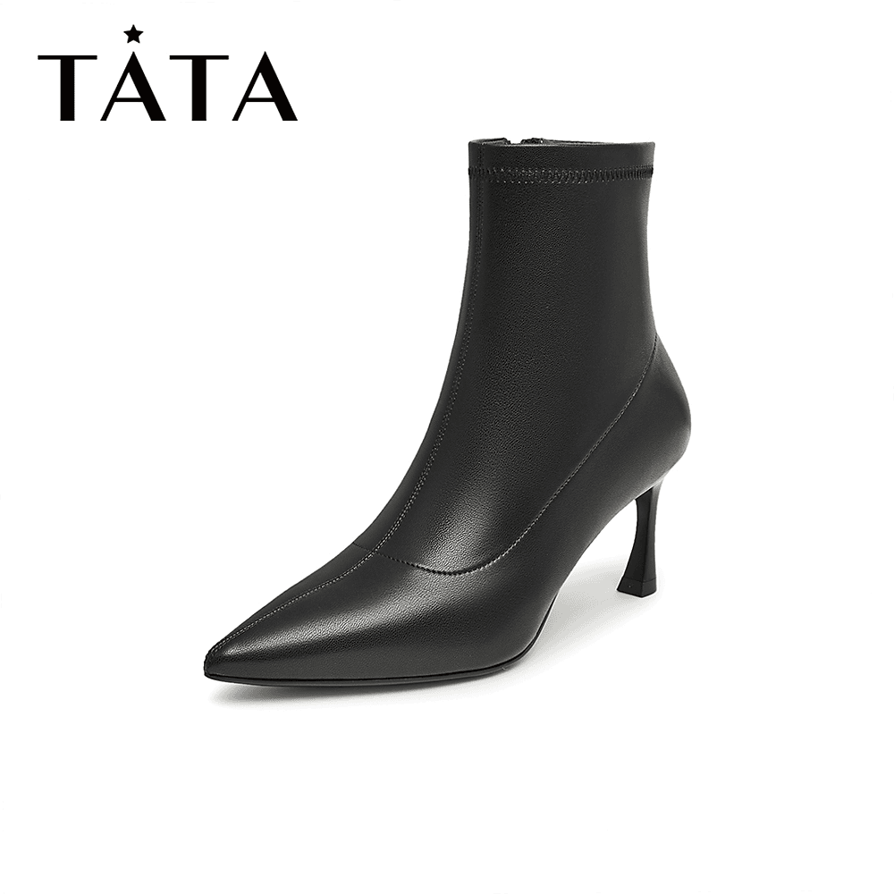 Tata他她尖头高跟短靴女气质显瘦商场同款时装靴软面冬新7QS40DD3