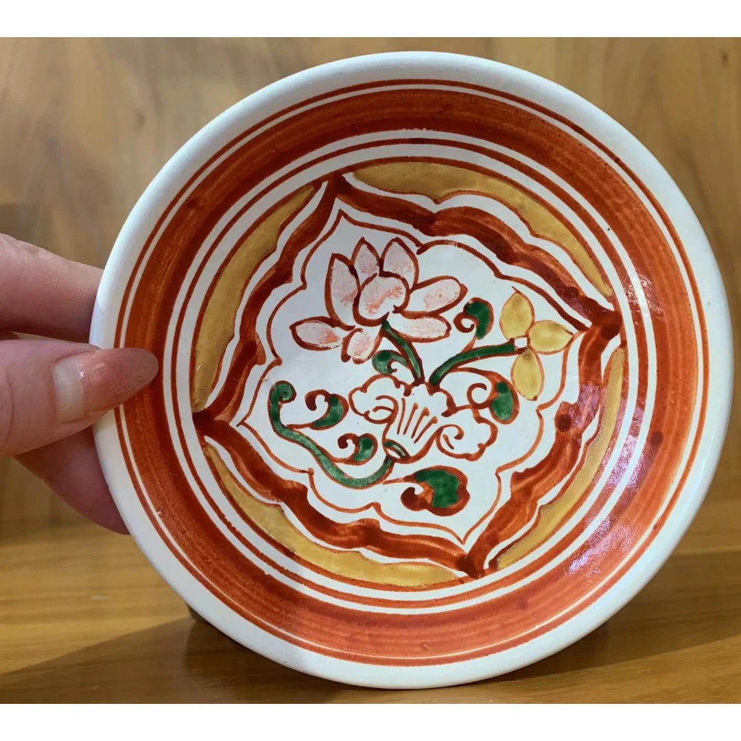 磁州窑南山陶艺，红绿彩莲花纹装饰小盘，非遗产品红绿彩复制工艺