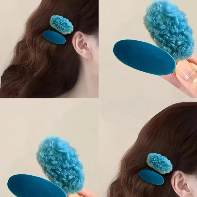 孔雀蓝绒~孔雀蓝羊羔毛秋季发夹!甜美刘海夹侧边夹鸭嘴夹发饰女