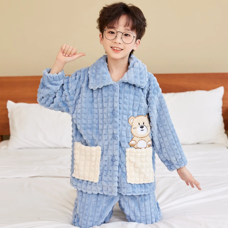 秋冬儿童法兰绒睡衣加绒加厚宝宝中大童珊瑚绒家居服亲子睡衣套装