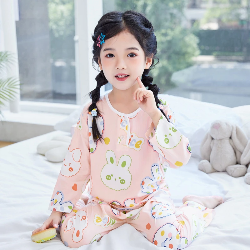 夏季儿童睡衣棉绸圆领男女童中大童长袖空调服家居服套装轻薄透气