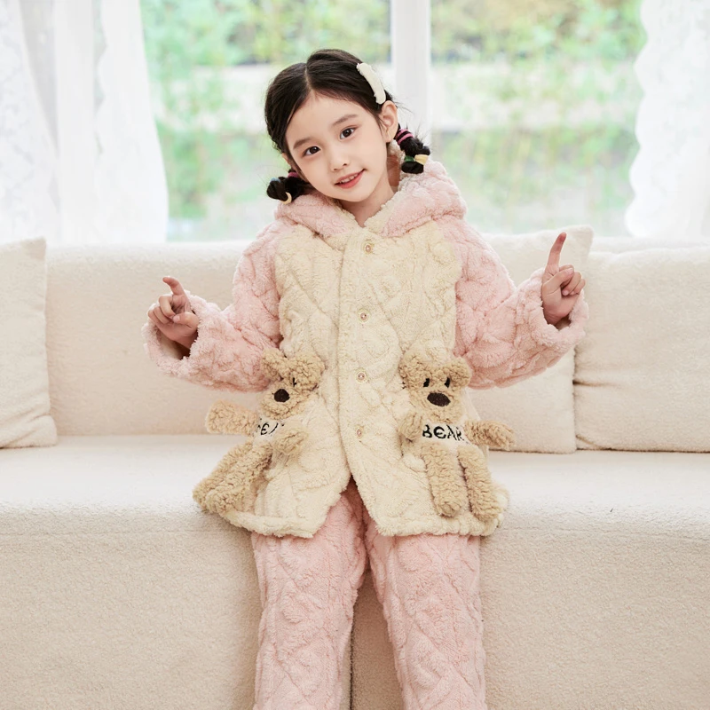 儿童中长款睡衣加厚中小童宝宝冬睡衣三层夹棉男童女童家居服套装