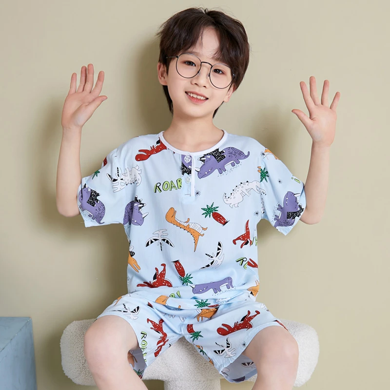 夏季棉绸儿童绵绸短袖短裤睡衣男童女童小孩空调服棉绸家居服套装