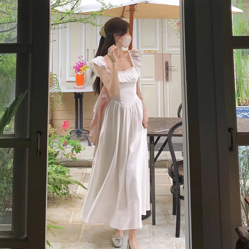 【有内衬】荷叶边方领吊带连衣裙女夏气质甜美长裙6809