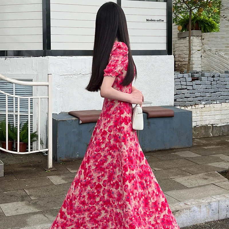 2025新款ins夏季法式时尚碎花印花短袖收腰显瘦女装连衣裙子1597