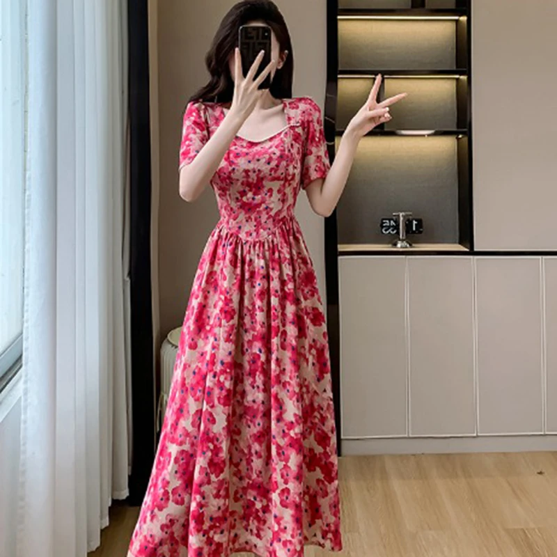 2025新款ins法式时尚碎花气质长裙印花短袖高腰修身连衣裙女1597