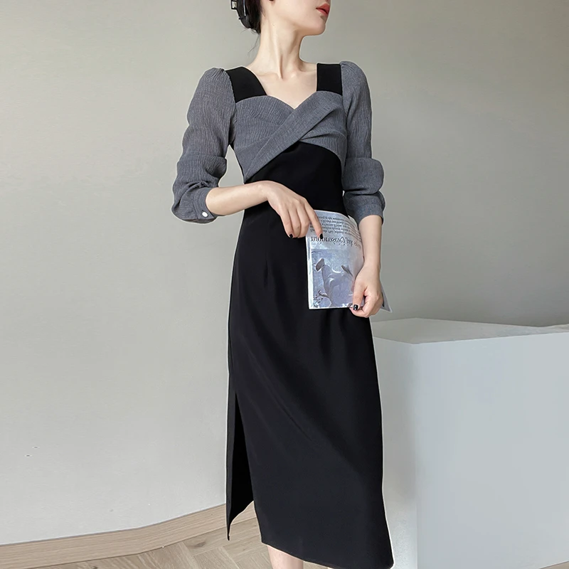 别致独特黑色裙子2025新款收腰显瘦时尚气质长袖开叉连衣裙7442