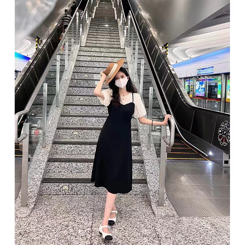2025新款显瘦减龄假两件开叉连衣裙气质收腰修身时尚裙子女8261