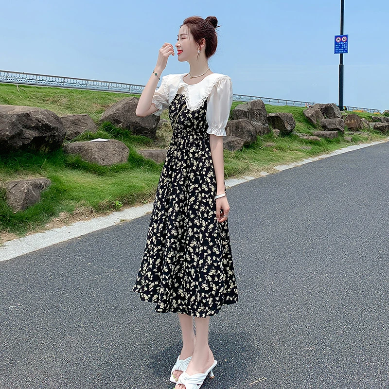 宝藏衣橱2025新款气质收腰显瘦娃娃领碎花拼接高级感法式裙子9626