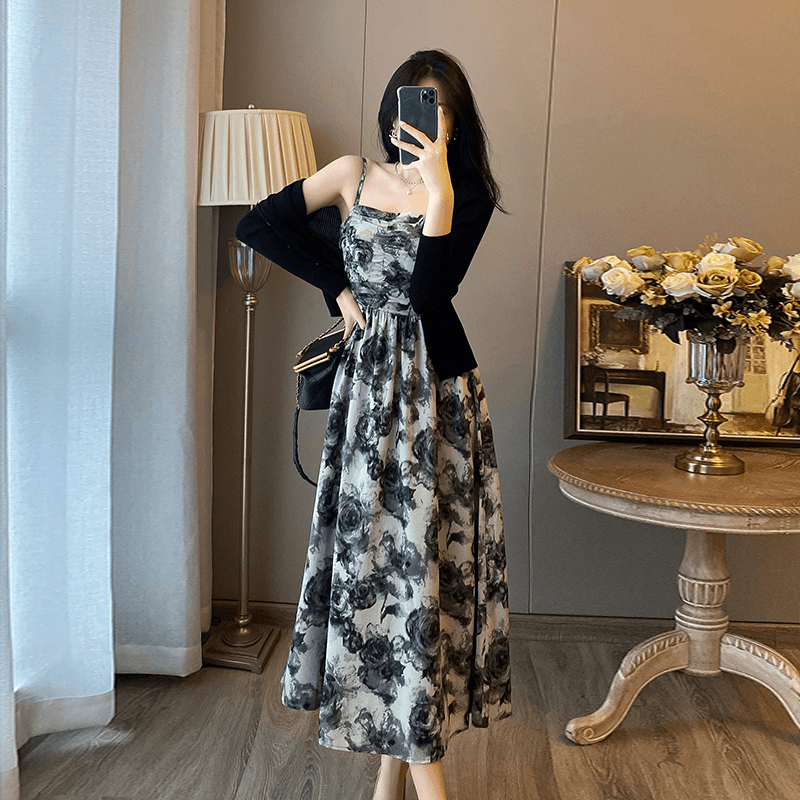 【两件套】法式复古水墨碎花抹胸吊带女新款设计感气质收腰长裙6804