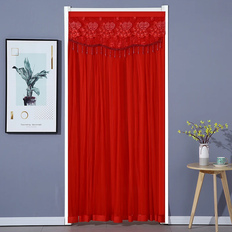 大红门帘结婚婚庆婚房红色喜庆双开蕾丝门帘卧室免打孔防蚊红门帘