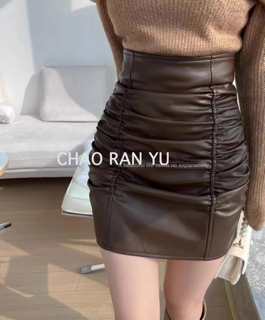 不规则A字高腰包臀褶皱小皮裙性感半身裙女