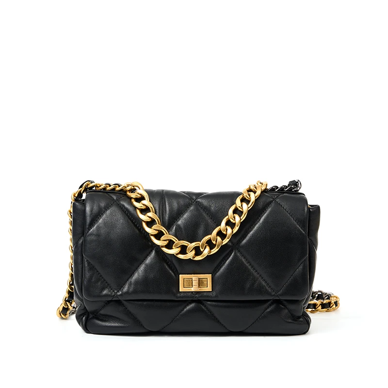 高级感口盖包轻奢时尚真皮大容量单肩手提菱格纹百搭斜挎链条女包