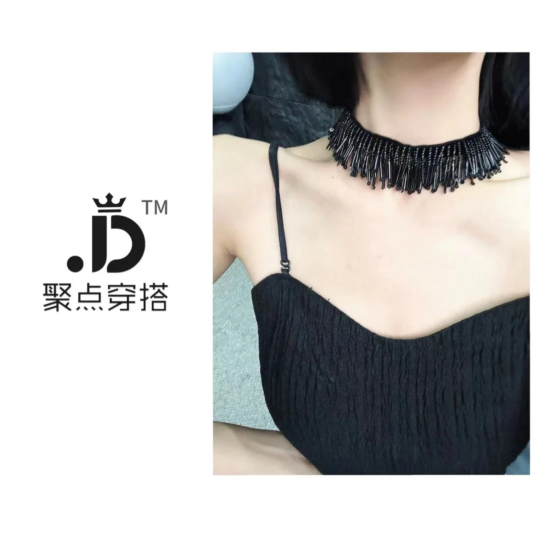 非金属亚克力项链 JUDIAN-【流苏亮片】黑色串珠管流苏亮片锁骨链