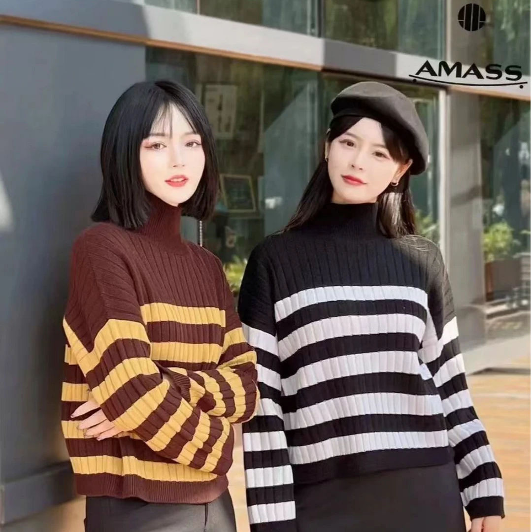 阿玛施AMASS 高领宽松长袖条纹针织衫5399542