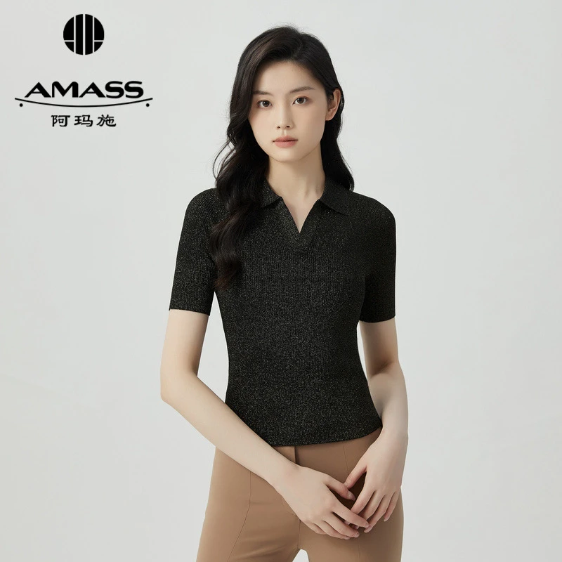 阿玛施/AMASS细闪百搭poloV领短袖针织衫5399614
