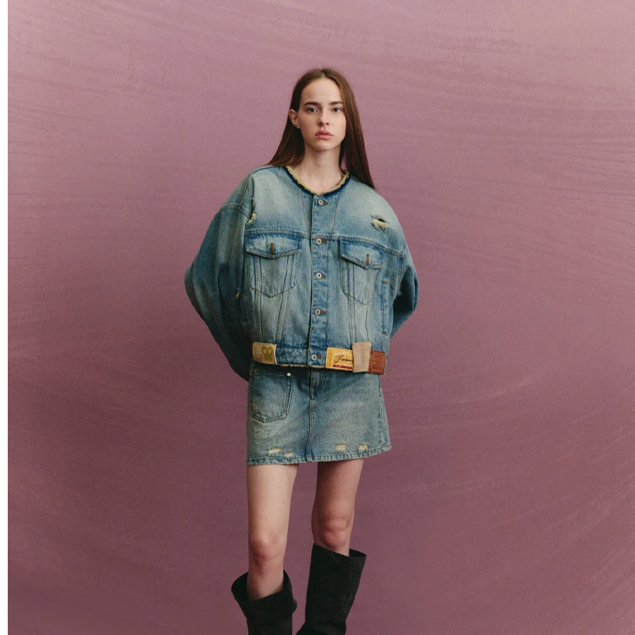 FORDARE 好多皮标的圆领牛仔外套&半裙