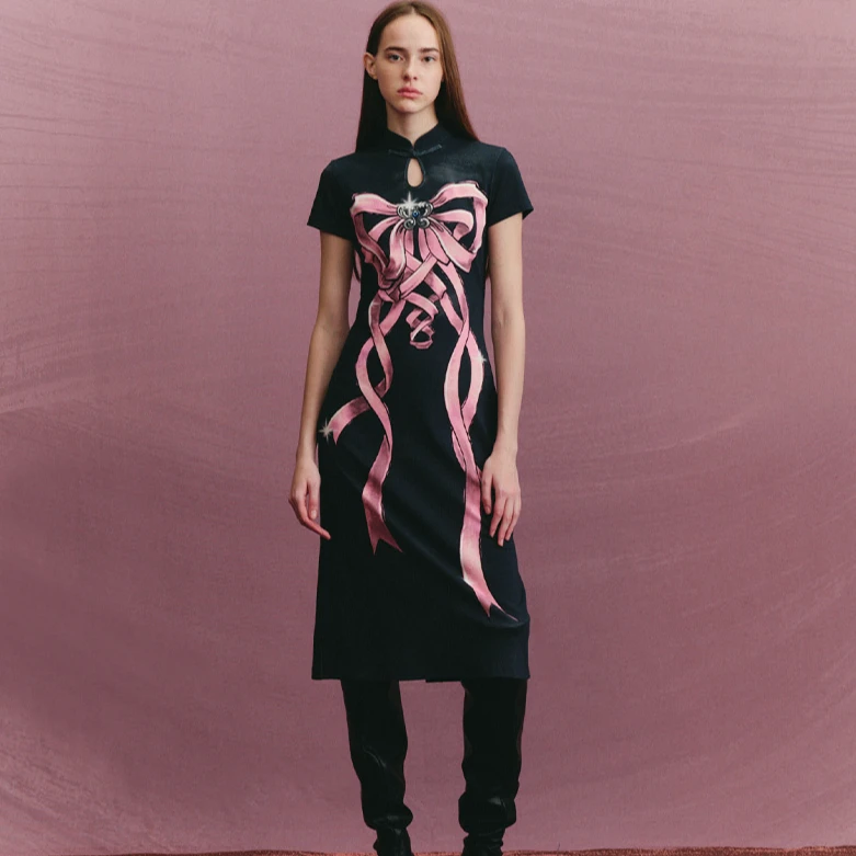 FORDARE 蝴蝶结丝带旗袍领针织连衣裙