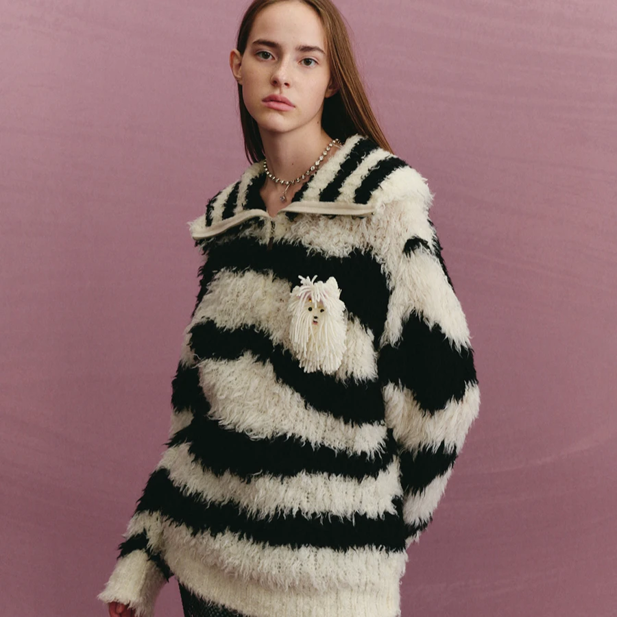 FORDARE 长毛毛黑白拉链小狗毛衫