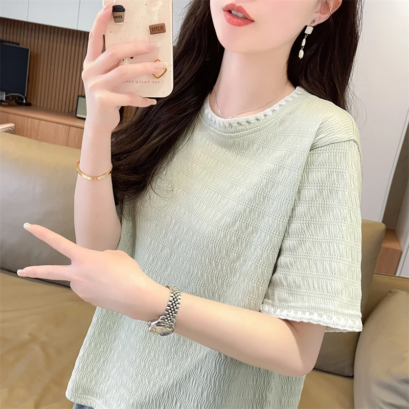 夏季透气2024设计感薄款圆领显瘦时尚小众气质薄荷曼波T恤女ins潮