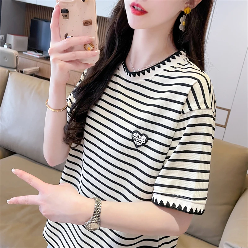 夏季女装条纹t恤洋气百搭通勤显瘦圆领韩版2024新款ins宽松大码潮