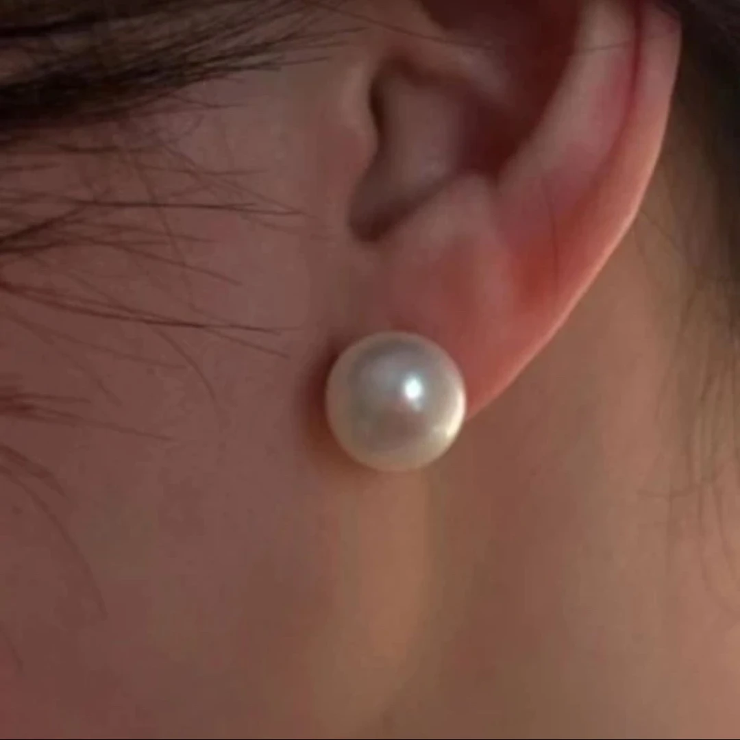 稀缺大点位天然珍珠耳钉 10-12mm大珍珠极光馒头圆耳钉6A极光耳钉