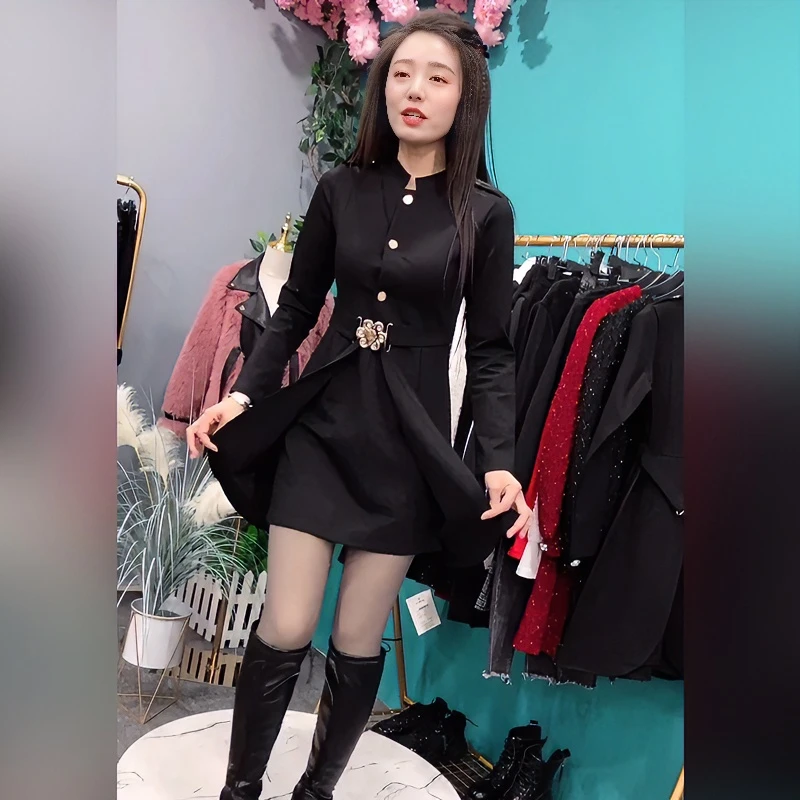 2024秋冬新款黑色修身显瘦连衣裙时尚收腰气质长袖裙子复古女装