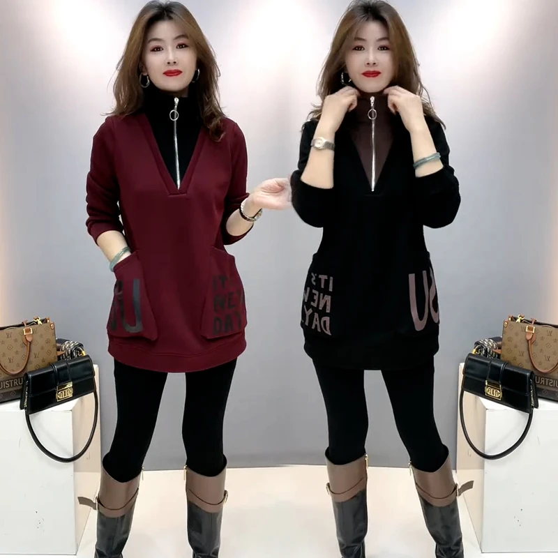 2024新款圆领中长款遮屁股加厚春秋冬女款卫衣外套