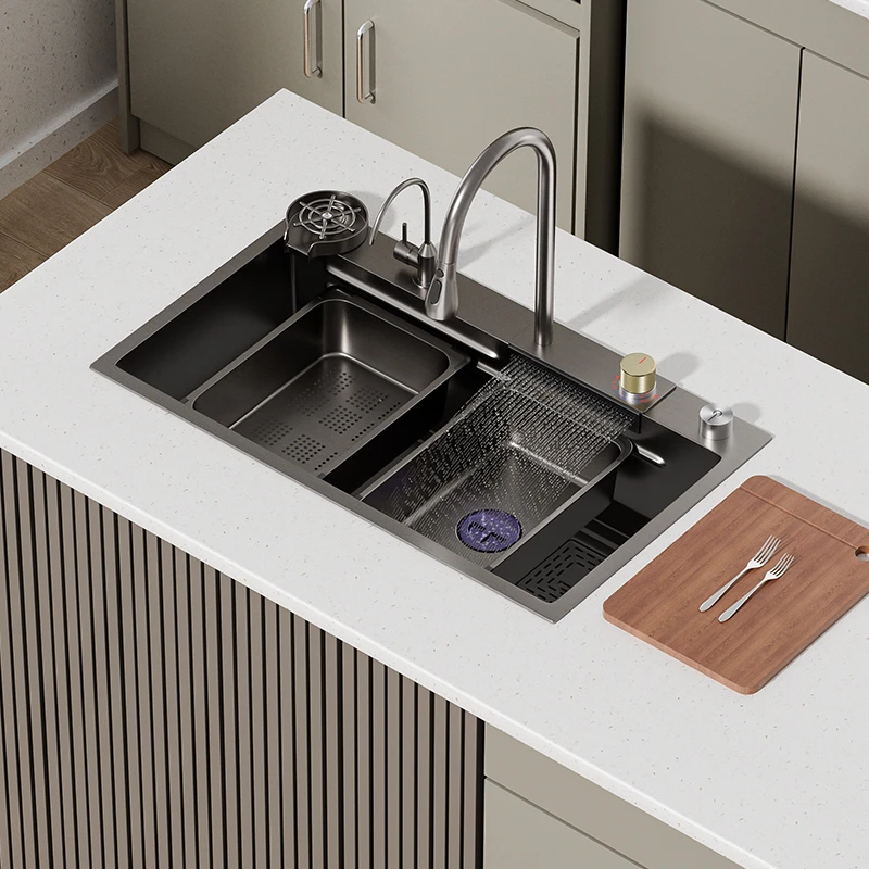 KAHU/卡琥飞雨大单槽黑金刚水槽304不锈钢纳米手工洗菜盆家用
