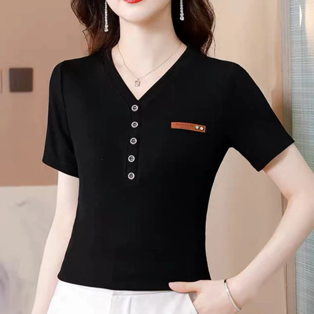 2024女士短袖t恤夏季新款时尚洋气妈妈装夏季气质显瘦小衫皮标V领