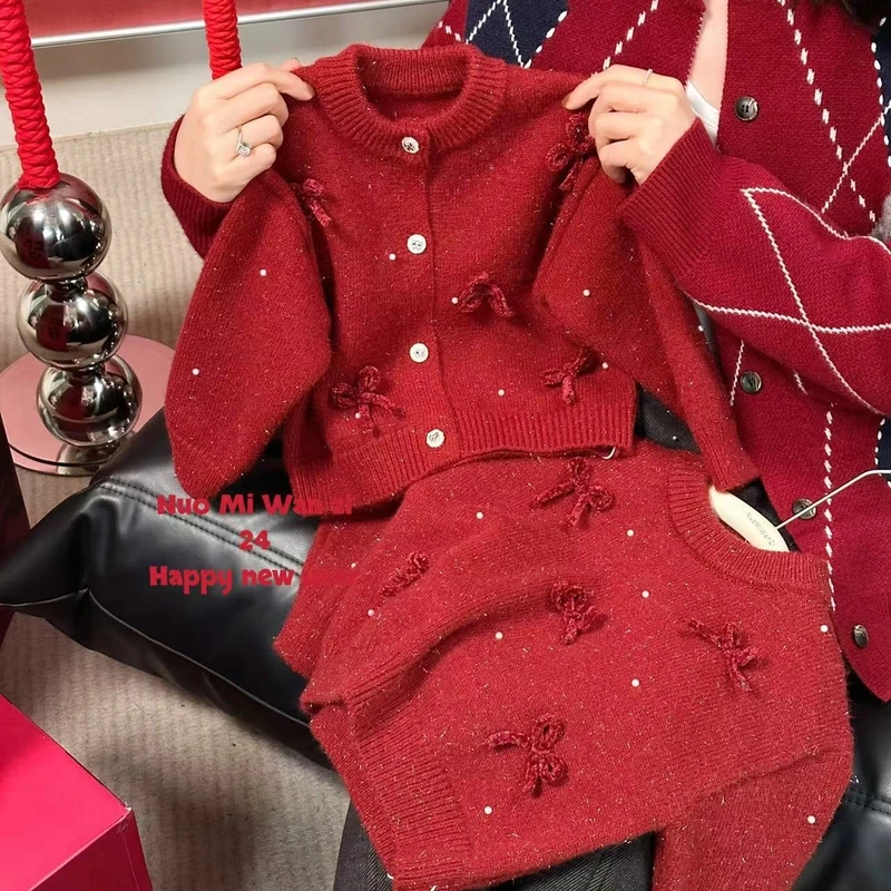 儿童韩系百搭金丝蝴蝶结针织女童洋气红色秋冬加厚红色毛衣儿童